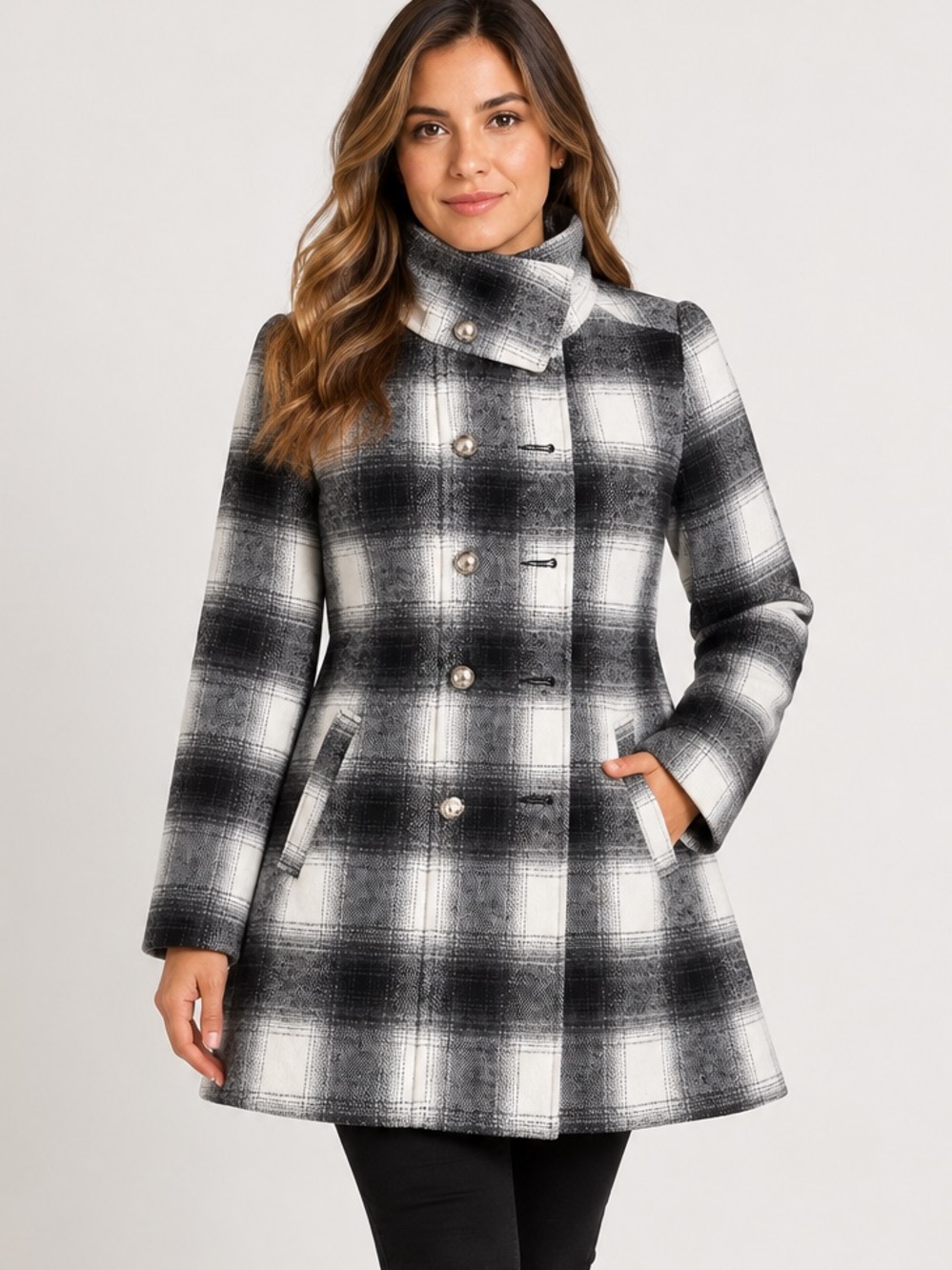 Finesse Black & White Plaid Stand-Collar Pea Coat